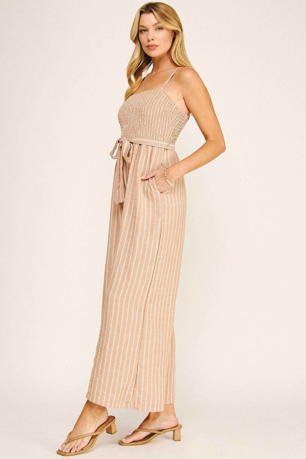 COASTAL STRIPE SMOCKED WIDE LEG JUMPSUIT - Fairway Faith Apparel Co