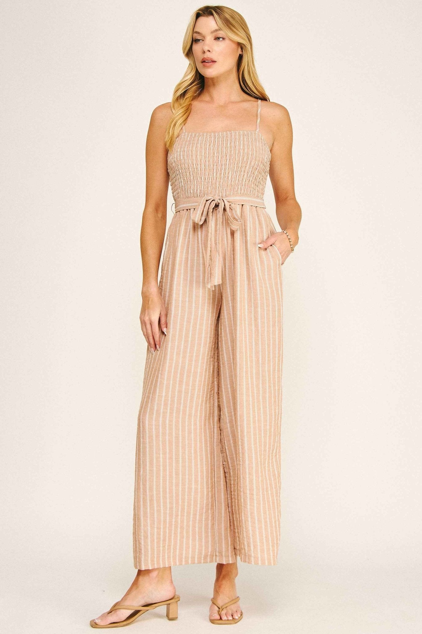 COASTAL STRIPE SMOCKED WIDE LEG JUMPSUIT - Fairway Faith Apparel Co