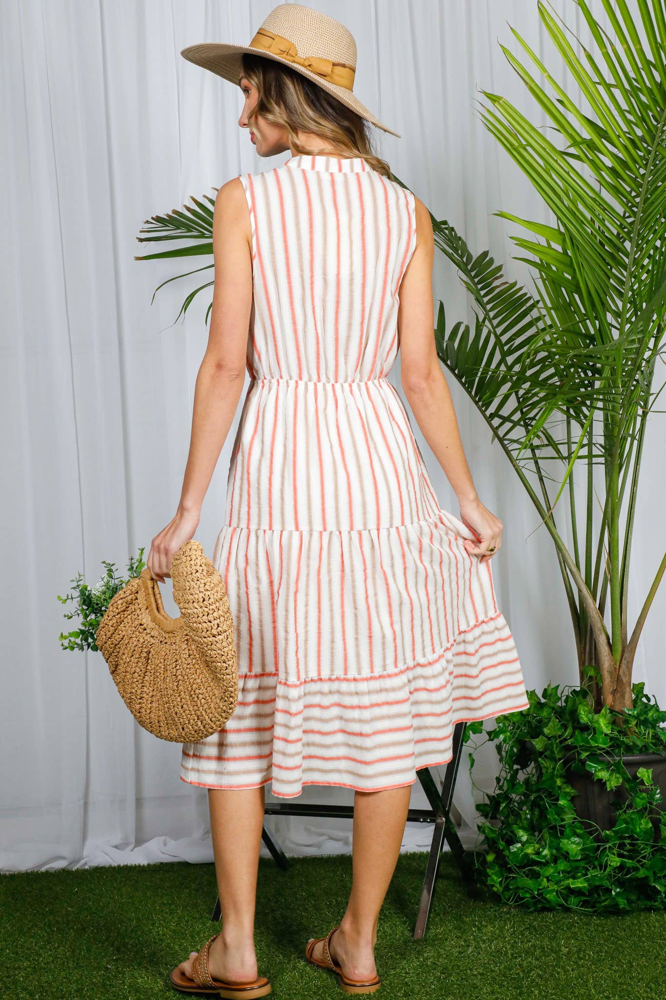 Striped Button Front 100%Cotton Tired Midi Dress VD82462 Striped Button Front 100%Cotton Tired Midi Dress VD82462